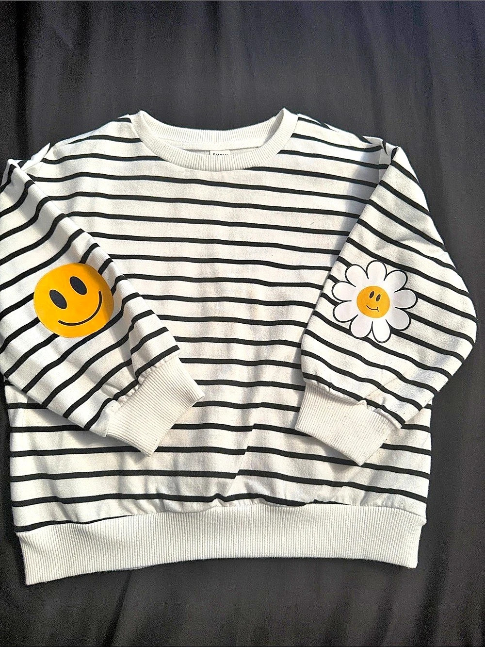 Girls Black & White Striped Graphic Crew Neck Sweatshirt